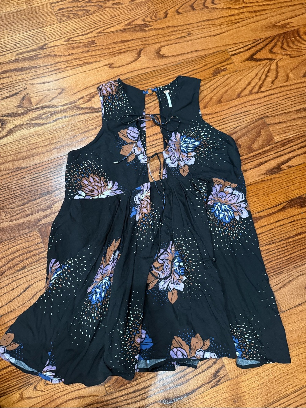 Free People Black Floral Mini Dress with Purple & Brown Accents